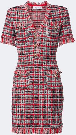 Self Portrait Checked frayed cotton and wool-blend minidress