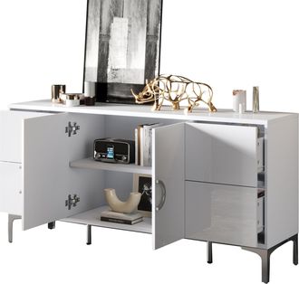 STILVORA Aparador Con 4 Cajones Y 2 Puertas, Frentes Sin Tiradores, Acabado Brillante, En Mdf, Blanco, 150&times;38&times;59.5 Cm