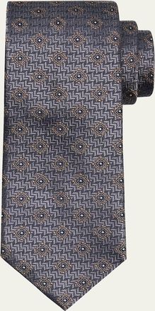 Brunello Cucinelli Mens Geometric Tile Jacquard Silk and Cotton Tie