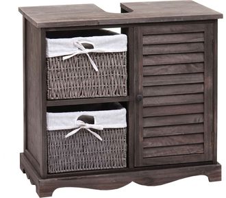 Hhg [nunca Usado] Mueble Bajo Lavabo Hhg-672, Lavabo De Ba&ntilde;o, Caj&oacute;n Cesta De Madera Maciza 60x65x31cm, Shabby Gris-marr&oacute;n