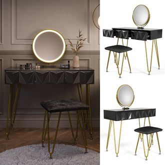Vicco Tavolo Da Toeletta Ruby, Nero, 100 Cm Con Specchio E Sgabello A Led
