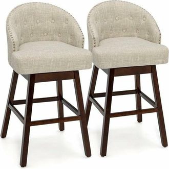 Costway Costway - Taburetes De Bar Giratorios, Taburetes Altos De Cocina Con Patas De Madera De Caucho Y Respaldo Acolchado, Tela De Lino Transpirable, Dise&ntilde;o