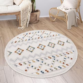 Paco Home Paco Home - Alfombra Salon De Habitacion Pelo Corto Modern Boho Etnica Nordica Dibujo Flecos &Oslash; 120 Cm Redon, Multicolor 6