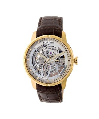 Heritor Mens Ryder Skeleton Leather-Band Watch - Gold Stainless Steel - One Size