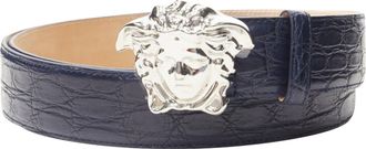 Versace La Medusa silver buckle scaled leather belt