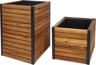 Hhg [nunca Usado] Juego De 2 Jardineras Hhg-582, Jardineras Elevadas, Maceteros, Jardineras Para Exterior De Madera De Acacia Con Certificaci&oacute;n Mvg, Color