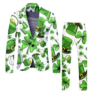 Generic Mens Suits 2 Peices Outfits Fashion Formal Lapel Leprechaun Print Button Down Long Sleeve Tunics Shirt and Wide Leg Pants Trousers Blazers Suit Fancy 