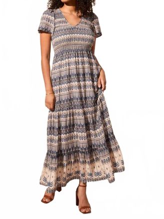 Tribal Lined Short Sleeve Ruched Top Maxi Dress In Scuba Blue