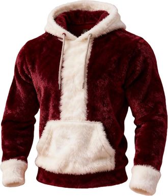 Generic Christmas Jumpers for Men Plush Stitching Mens Hoodies Patchwork Color Velvet Oversized Long Sleeve Pullover Loose Fit Hooded Sports Mens Sweatshirt (