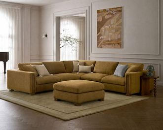 Castlery Tan France Kagan 5-Piece L-Shape Sectional Couch with Ottoman, Basketweave Caramel, Brown Color, Modern Heritage Modular Sofa, Castlery