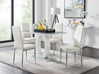 Furniturebox Giovani Grey White Modern High Gloss & Glass Dining Table & 4 Milan Chairs Set in Off-White