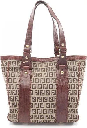 Fendi Beige Brown Canvas Leather Handbag Tote Bag (Pre-Owned)