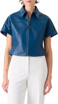 Akris Short Sleeve Perforated Lambskin Leather Crop Jacket in Dark Blue at Nordstrom, Size 10