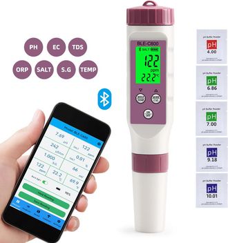 OEM Medidor De Ph Digital, 7 En 1, Bluetooth, Ph, Tds, Ec, Orp, Sg, Salinidad Y Temperatura, L&aacute;piz Medidor, Alta Precisi&oacute;n De 0,01 Para Uso Dom&eacute;stico E Hi