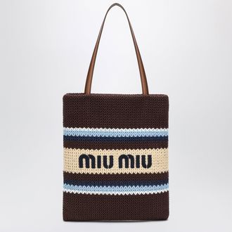 Miu Miu Cacao/Light Blue/Natural Raffia-Effect Yarn Tote Bag