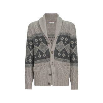 Brunello Cucinelli Virgin-wool, Silk And Cashmere Chin&eacute; Cable-knit Cardigan With Intarsia