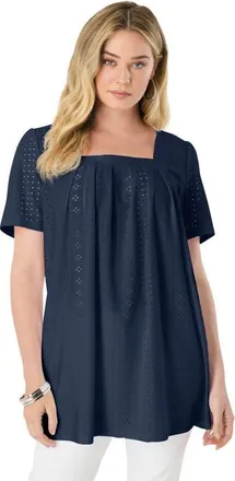Roaman's Plus Size Square Neck Eyelet Tunic in Black at Nordstrom, Size 28