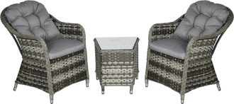 OUTSUNNY 3 PCS Aluminium Rattan Bistro Set with Soft Cushions & Glass Top | TJ Hughes