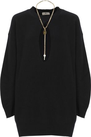 Elisabetta Franchi Mini Dress With Long Sleeves And Decorative Gold Accessory