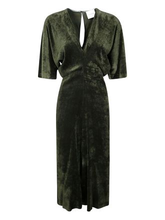 Nude V-neck velvet midi dress - Green