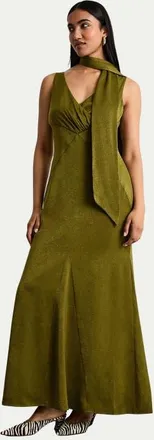 Warehouse Plain Scarf Detail Tie Neck Maxi Dress in Olive at Nordstrom, Size 10