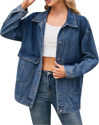 Generic Womens Denim Jackets Oversized Trucker Jacket Casual Long Sleeve Button Up Loose Fit Jean Jackets with Collared Neckline and Pockets for Ladies Girls 