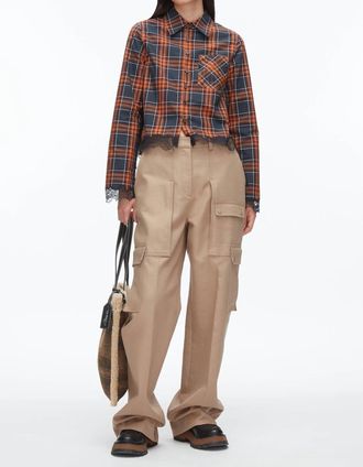 3.1 Phillip Lim Long Sleeve Cropped Shirt With Lace Hem In Dusk Multi