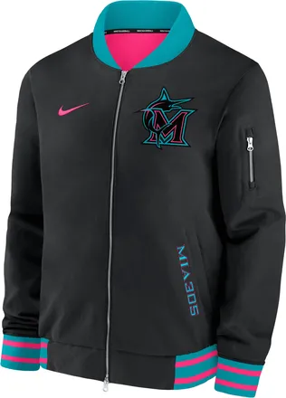 Nike Miami Marlins Authentic Collection City Connect Nike Mens MLB Full-Zip Bomber Jacket in Black | 02F30E4GMQM-NZV