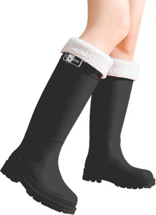 Generic Wellington Boots Womens Knee High Rubber Textile Lined Wellie Anti-Skid Slip On Shoe Fashion Ladies Shoes Wider Calf Fitting Rain Boot for Festivals G