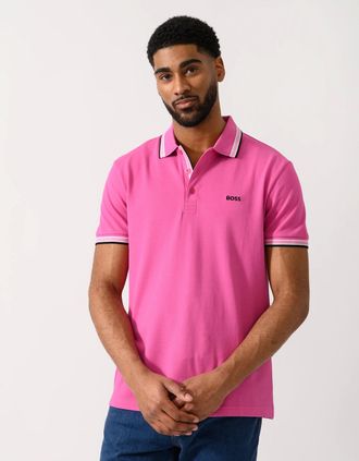HUGO BOSS Mens BOSS Green Paddy Mens Cotton-Piqu&eacute; Polo Shirt with Contrast Logo - Bright Pink 671 - Size: 42