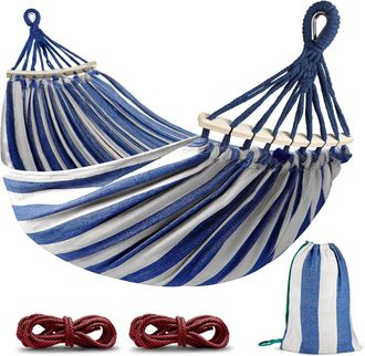 OEM Hamaca C&oacute;moda Para Acampar Y Para El Jard&iacute;n, Con Postes De Madera Y Cuerdas Antivuelco Para Uso Exterior/interior, Patio, Siestas, 220 X 150 Cm, 250 K