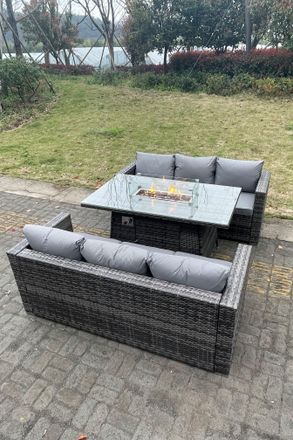 Fimous 6 Seater Outdoor PE Rattan Garden Furniture Gas Fire Pit Dining Table Set Lounge Sofa 3 Seater Sofa in Dark Grey