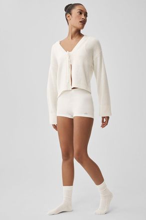 Alo | Wool Cashmere New Class Tie Cardigan Top in Ivory White, Size: Medium