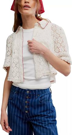 Free People Mannie Lace Button Down Shirt In Whisper White
