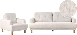Beliani Retro Fabric 3 Seater Sofa Couch and Armchairs Living Room Set Upholstered Wooden Legs Boucle Thick Seat White Tuve