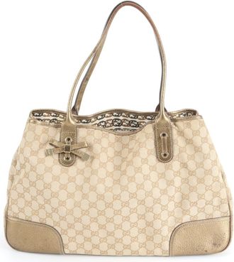 Gucci Beige Leather Canvas Tote Bag (Pre-Owned)