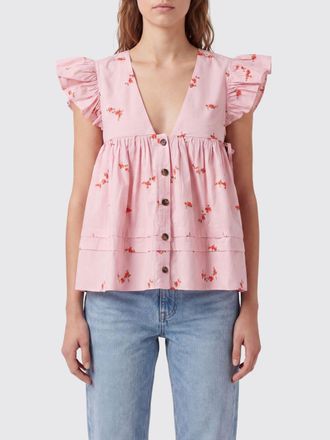 Ganni Top smanicato in cotone stretch con ricamo floreale e scollo a V con rouches