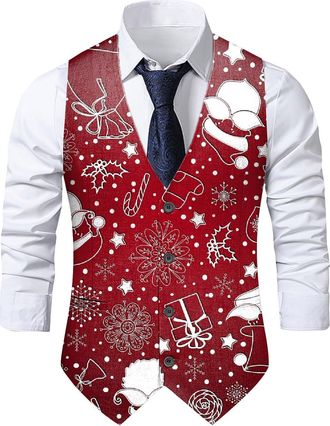 Generic Mens Christmas Printed Pocket Buttons Sleeveless V Neck Vest Jacket Suit Vest Mens Half Coat