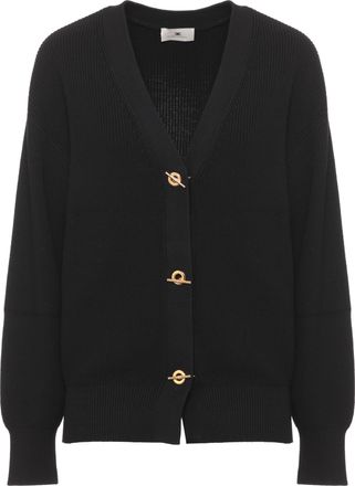 Elisabetta Franchi Ribbed Black Sweater with Gold T-Closure and Cropped Fit