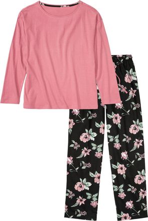 Bonprix Pyjama BONPRIX, Damen, Gr. 40/42 (M), lila (beerensorbet, schwarz gebl&uuml;mt), Obermaterial: 100% Baumwolle, bedruckt, Basic lang, Rundhals, Homewear-Set