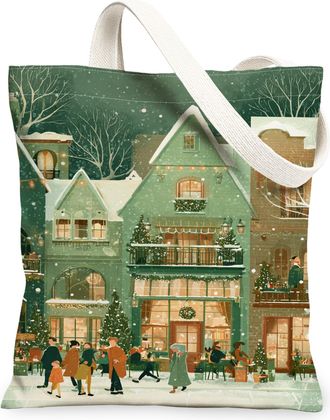 Generic Winter Festive Canvas Tote Bags, Charming Houses Pattern Reusable Grocery Bags, Lightweight Washable Shoulder Strap Canvas, Green, 13x15 Inch