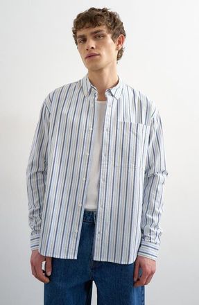 Topman Relaxed Fit Stripe Cotton Button-Down Oxford Shirt in Blue Multi at Nordstrom, Size Xx-Large