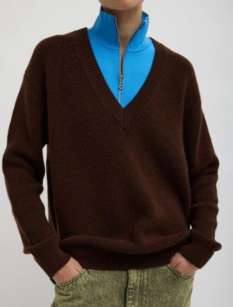 Tibi Cardigan Stitch V Neck With Removable Dickie Top In Brown