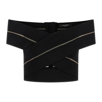 Balmain Stretch Viscose Off-Shoulder Crop Top - female - Balmain - Sleeveless Tops - Black - XS - Tops