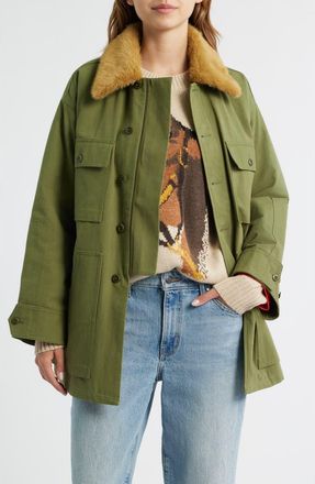 The Great. The Quilted Liner Jacket with Removable Faux Fur Collar in Army/hot Orange at Nordstrom, Size 2