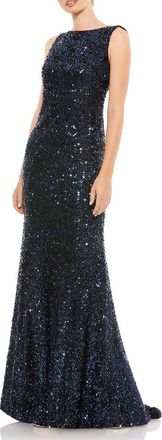 Mac Duggal Cowl Back Boat Neck Sequined Evening Gown in Midnight at Nordstrom, Size 14
