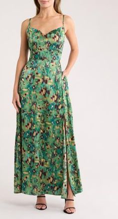 Melloday Cowl Neck Slit Satin Maxi Dress in Green/Yellow at Nordstrom Rack, Size Large