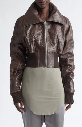 Rick Owens Dracuflight Crop Leather Bomber Jacket in Grease at Nordstrom, Size 42