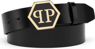 Philipp Plein Leather Belt Hexagon Men in Black/lightgold at Nordstrom, Size 105