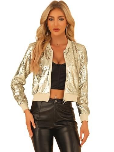 Blouson Aviateur Femme Allegra K - Tissu Métallisé Holographique - Col Montant Zippé - Style Festival Et Soirée
